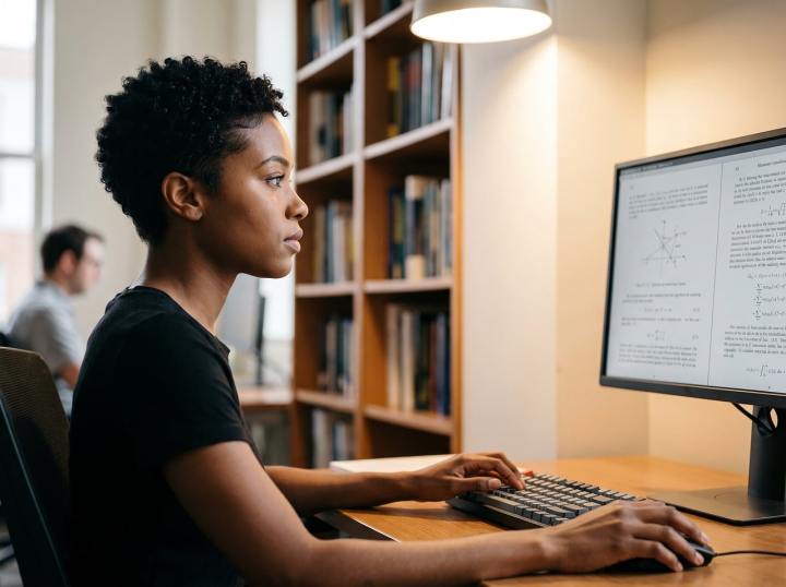 student studying in a school library